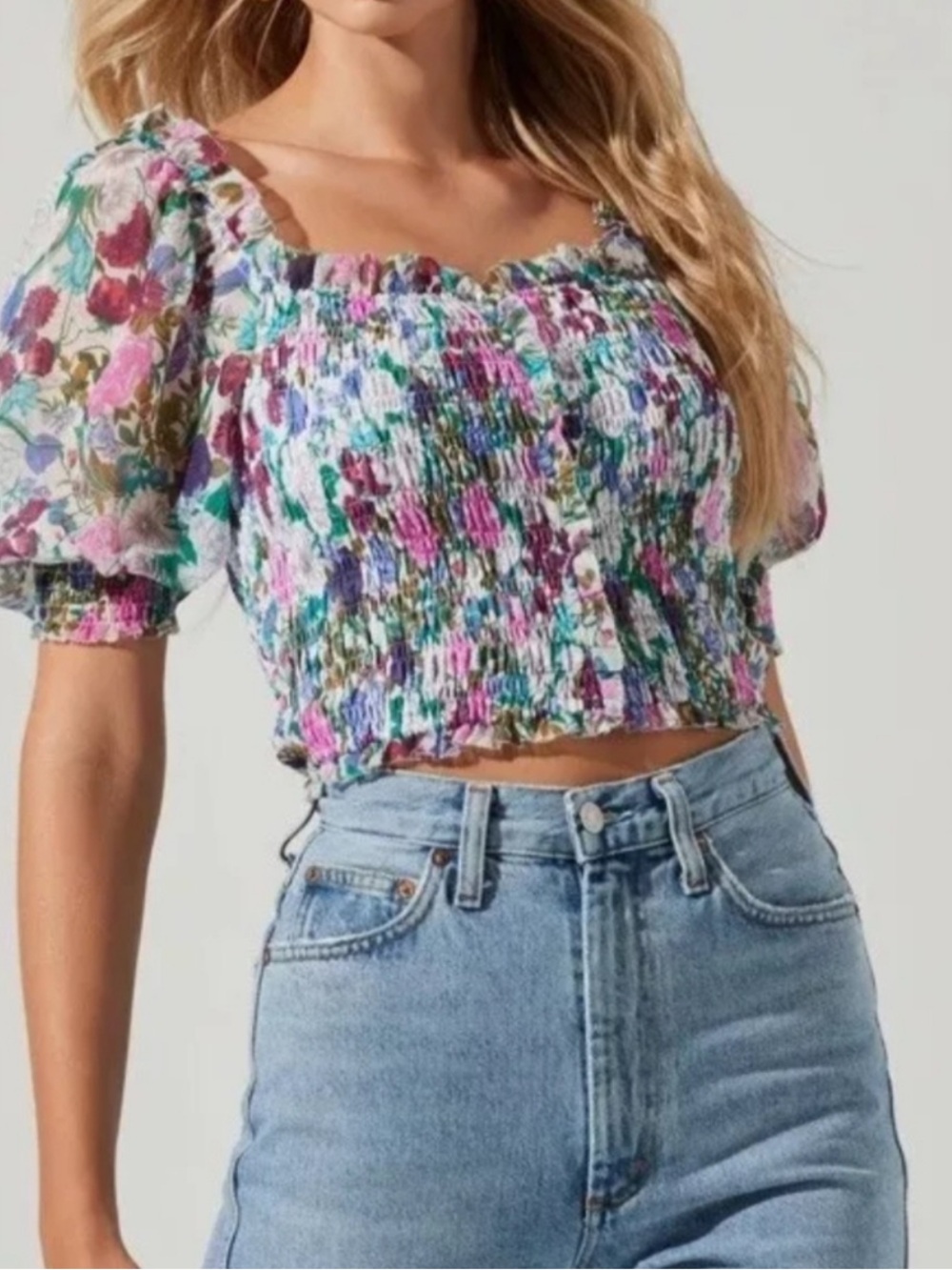 ASTR The Label Floral Smocked Puff Sleeve Crop Top Size Large